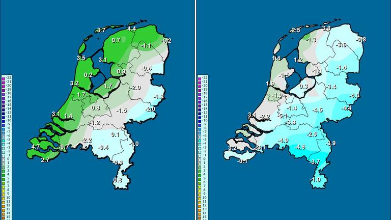 Links de temperaturen op 1,5 meter hoogte, rechts aan de grond. (Bron Twitter: @MeteoGroupWeer)