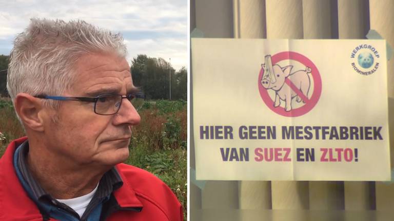 Wil Vermeulen van de Werkgroep Biomineralen en een protestposter. (foto: Floyd Aanen) 