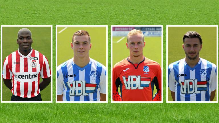 Mathias Pogba (in Sparta-shirt), Jarno Janssen, Guy Smit en Alessio Carlone in  de lappenmand (foto: Johan Manders/FC Eindhoven).