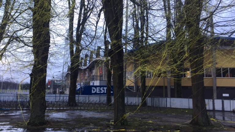 NAC-fans versieren bomen bij stadion van Willem II.
