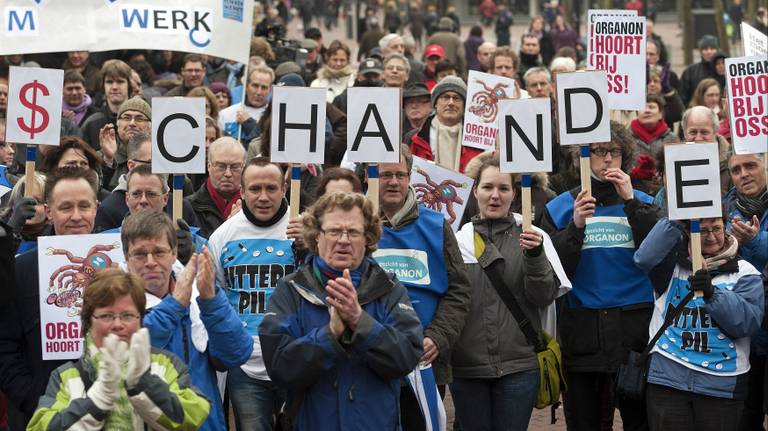 Boze werknemers van Organon/MSD protesteren tegen de gang van zaken. (Foto: ANP)