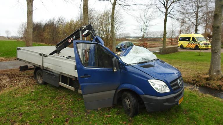 De boom viel recht op de cabine van de bus. (Foto: Danny van Schijndel)