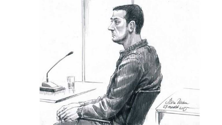 Roy L., in de rechtbank in Amsterdam nadat hij was aangehouden (tekening: Petra Urban/VTM).