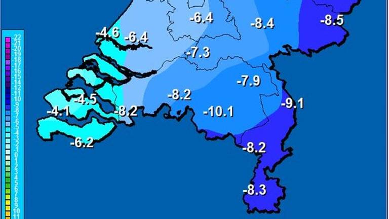 Strenge vorst afgelopen nacht in in Eindhoven, -10.1 graden. (Beeld: MeteoGroup,? Twitter @MeteoGroupWeer