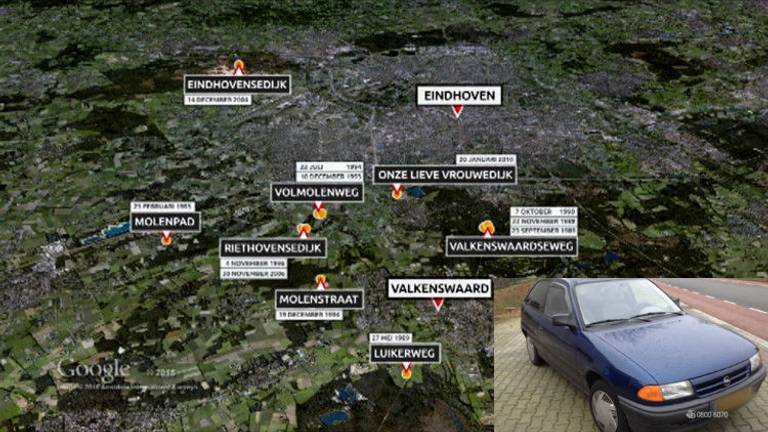 De plaatsen waar de verkrachter toesloeg, en een auto die op een van de plekken werd aangetroffen.