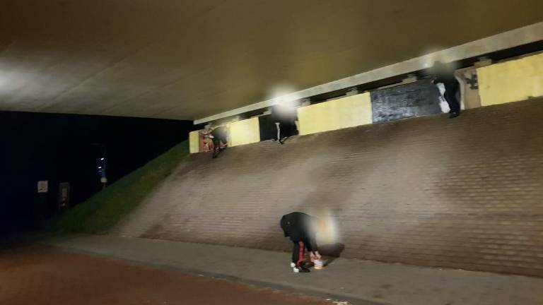 NAC-fans wagen zich in het hol van de leeuw: vlakbij het stadion van Willem II verven ze een viaduct in de kleuren van NAC.
