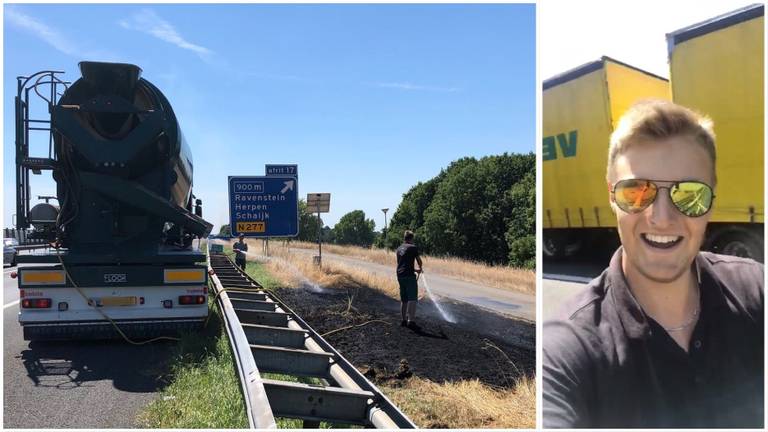 Blussende vrachtwagenchauffeur voorkwam dat een bermbrand groter werd. ( Foto: Rijkswaterstaat)