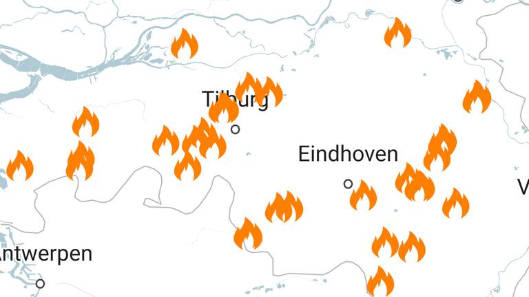 Kaartje met natuurbranden in Brabant sinds eind juni
