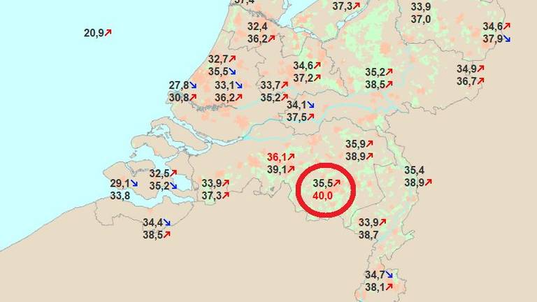 Het is 40 graden aan de grond in Eindhoven (bron: MeteoGroup).