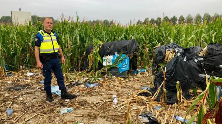 Jan Zeeven-Roelands bij een tentenkampje in het maïsveld (foto: Erik Peeters)