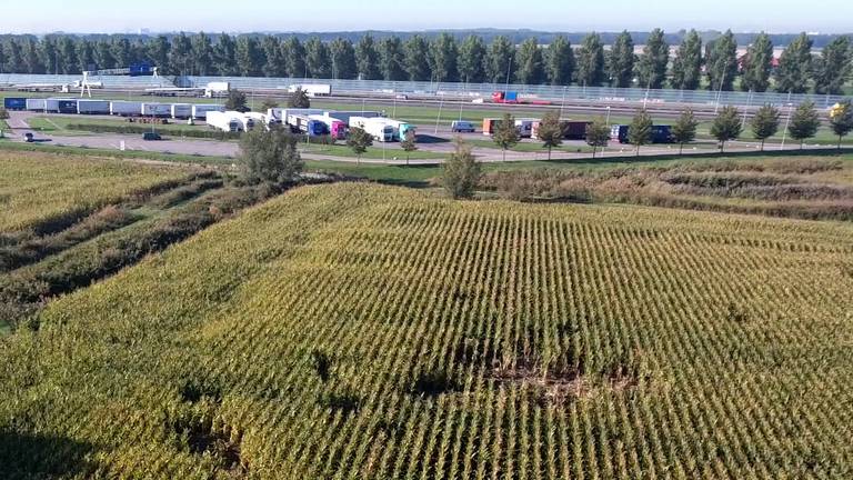 Vanuit de lucht is de schade aan het terrein naast de parkeerplaats goed te zien (Foto: Twan van der Heijden/Heijdens Karwei).