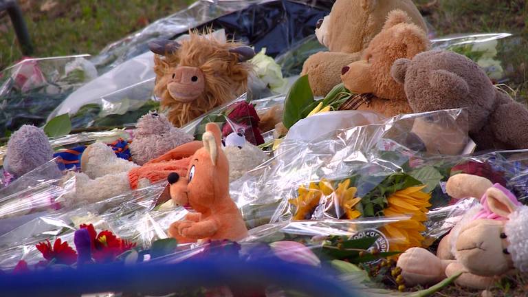 Knuffels, bloemen en snoepjes bij de plek van het ongeluk.