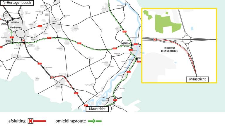 De A2 bij knooppunt Leenderheide is dit weekend gedeeltelijk dicht voor werkzaamheden (foto: Rijkswaterstaat)