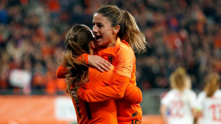 Daniëlle van de Donk (rechts) en Lieke Martens vieren Oranje's tweede treffer. (VI Images)