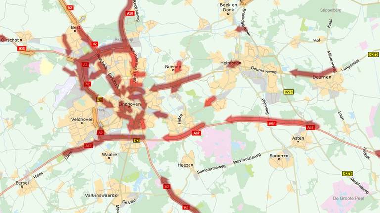 Maandagochtend stond het flink vast in en rond Eindhoven (Foto: ANWB)