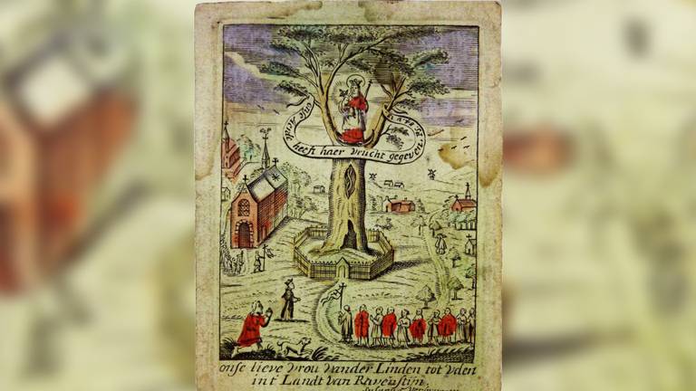 devotieprentje uit de 18e eeuw met de Lindeboom en de Kruisherenkapel, bron Uden-Archief