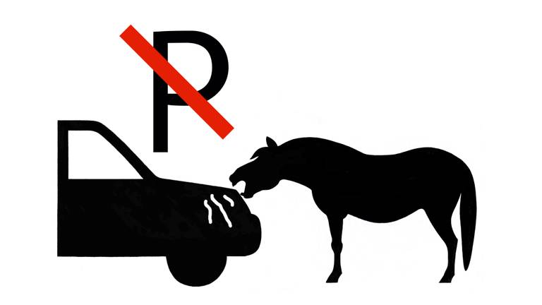 Het bord: verboden te parkeren, knabbelende paarden.