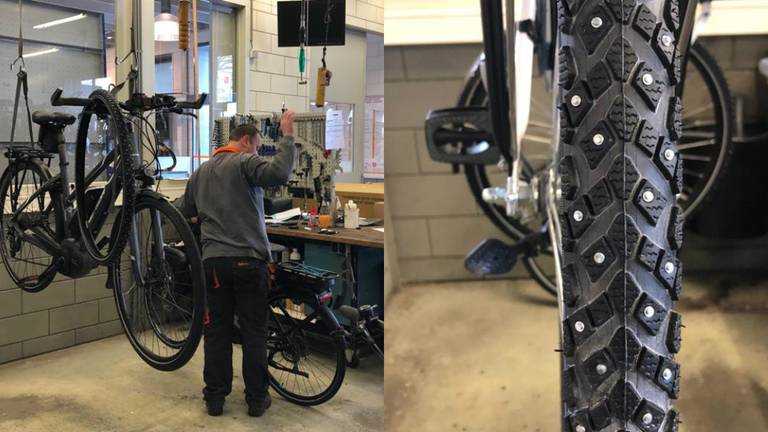 Bij Van Oosterhout in Teteringen leggen ze stevige winterbanden onder je fiets (foto: Michelle Peters)