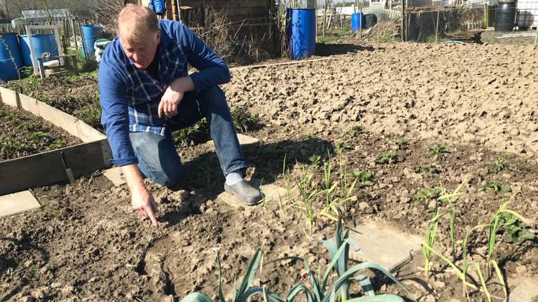 Ton Vrins wijst de voetstappen van de inbrekers aan. (foto: Eva de Schipper)