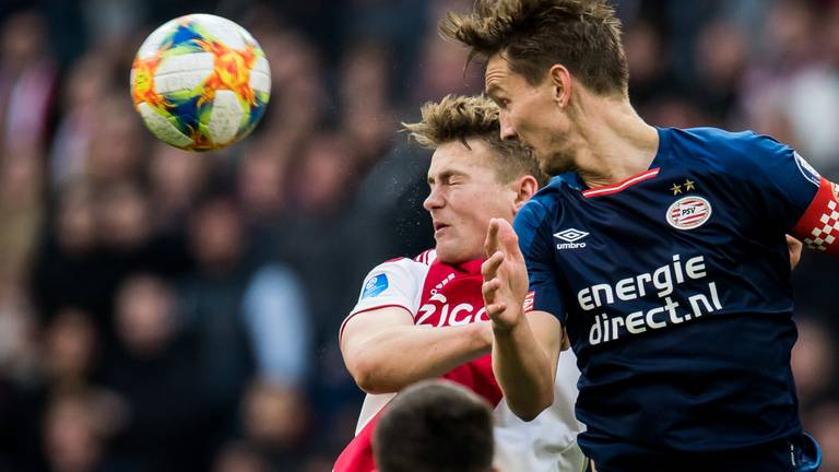 Kopduel tussen Luuk de Jong en Ajacied Matthijs de Ligt tijdens Ajax-PSV van zondag. (Foto: VI Images)