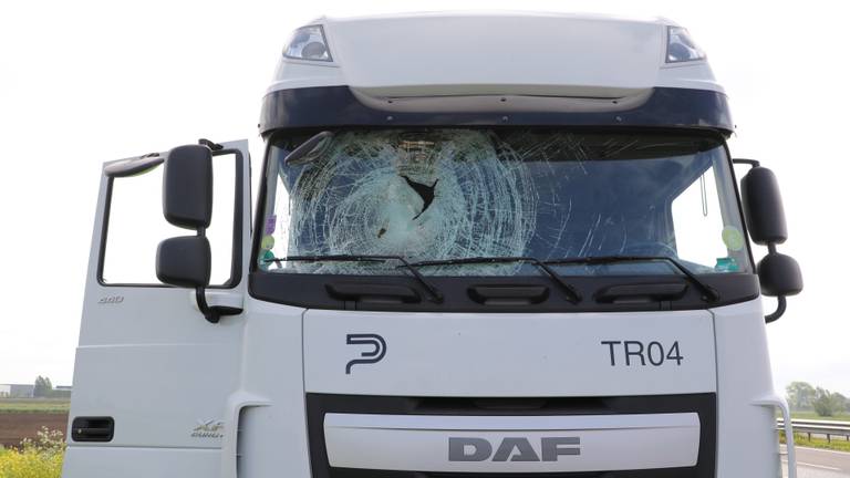 De voorruit van de vrachtwagen verbrijzelde door de klap. (Foto: Erik Haverhals/FPMB)