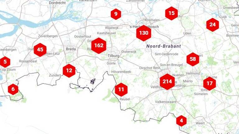 Meldingen op de kaart van Meldpunt Onveilig Verkeer. (Foto: Omroep Brabant)