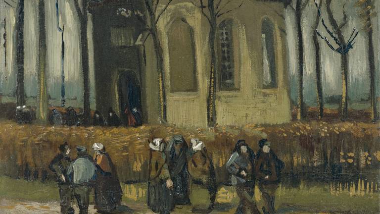 Een detail van het Van Gogh-schilderij 'Het Uitgaan van de Hervormde Kerk van Nuenen' dat nu in Amsterdam weer is te zien. (Van Goghmuseum Amsterdam, Vincent van Goghstichting)