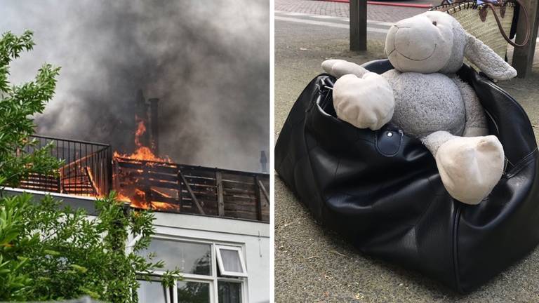 Links: de vlammen zijn te zien op een dakterras. Rechts: De knuffel in een handtas.