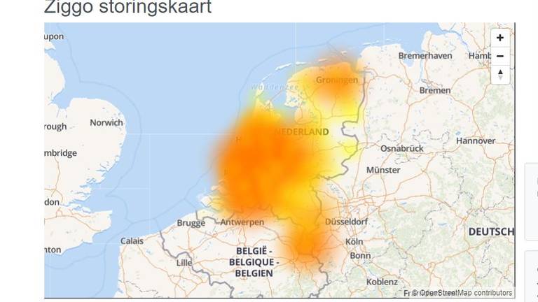 Ziggo storingskaart (beeld Allestoringen.nl)