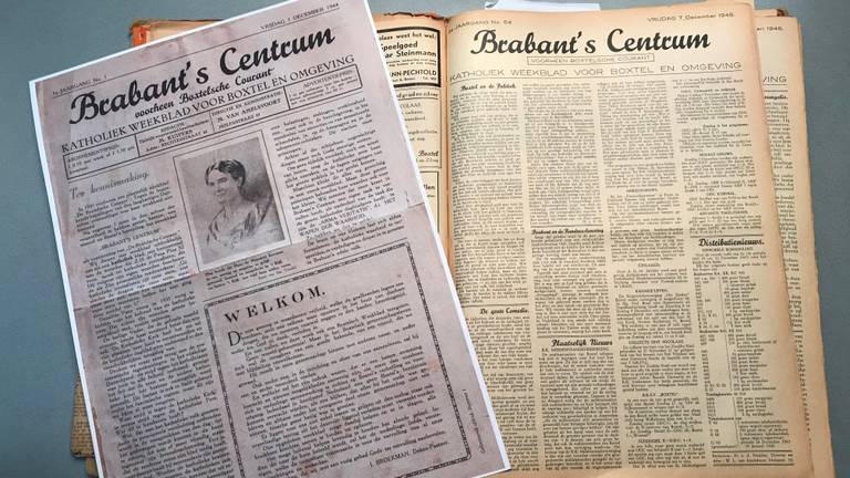 Links: de voorpagina van de allereerste krant. Rechts: een krant uit 1945.