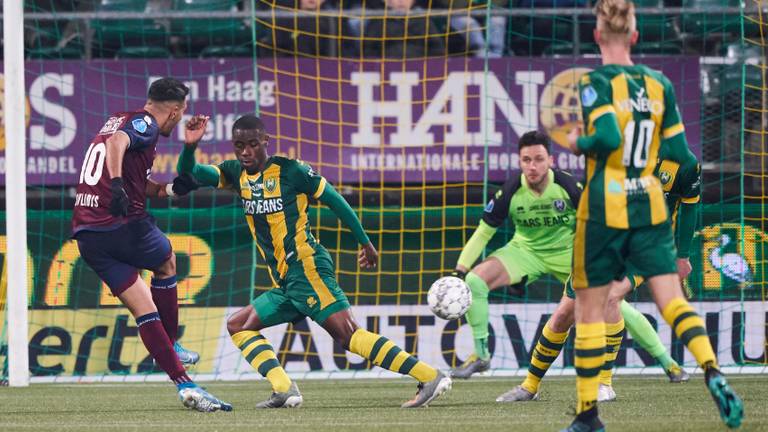 Vangelis Pavlidis (Willem II) neemt het doel van ADO Den Haag onder vuur (foto: Hollandse Hoogte).