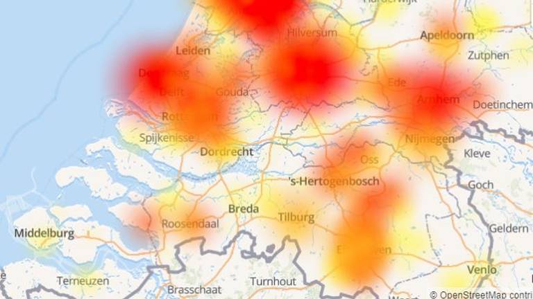 Een overzichtskaartje van KPN welke regio's zijn getroffen door de storing