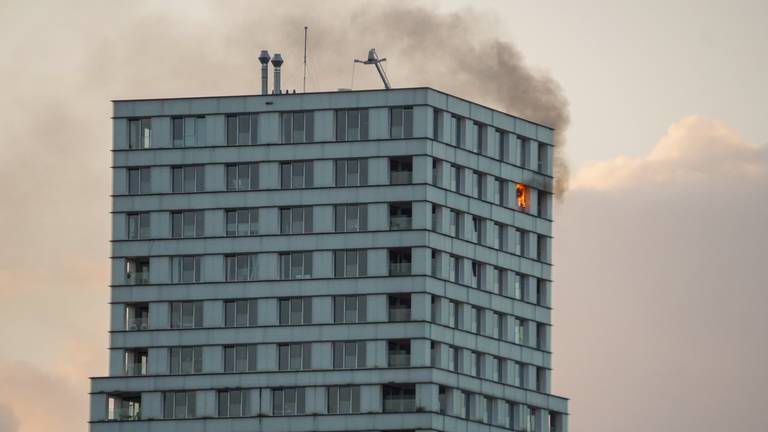 Het vuur woedde op een van de bovenste etages van de flat in Den Bosch. (Foto: Timo Meijs)