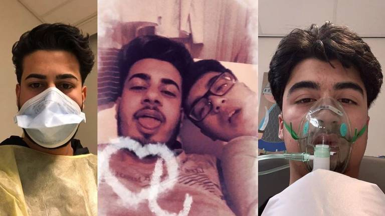 Babor (l), Babor en Sehraz (m) en Sehraz (r) in het ziekenhuis. (Foto's: Babor / Facebook)