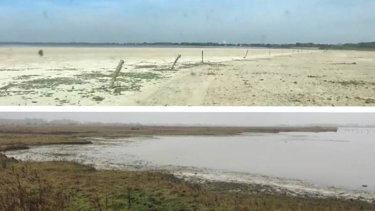 Het Markiezaatsmeer bij Bergen op Zoom, droog en nat. (Beeld: Erik de Jonge)