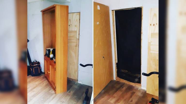 Achter de kast en een houten plaat kwam een grote hennepkwekerij tevoorschijn (foto: Instagram/politie_bo).