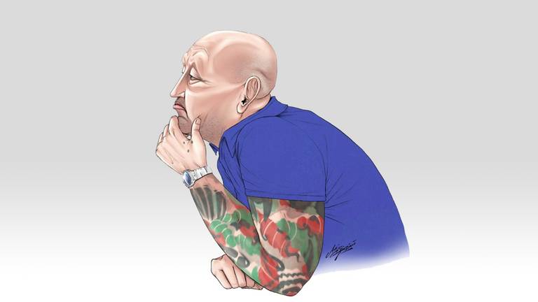 Martien R. aan het begin van de rechtszaak in mei 2021 (tekening Adrien Stanziani).