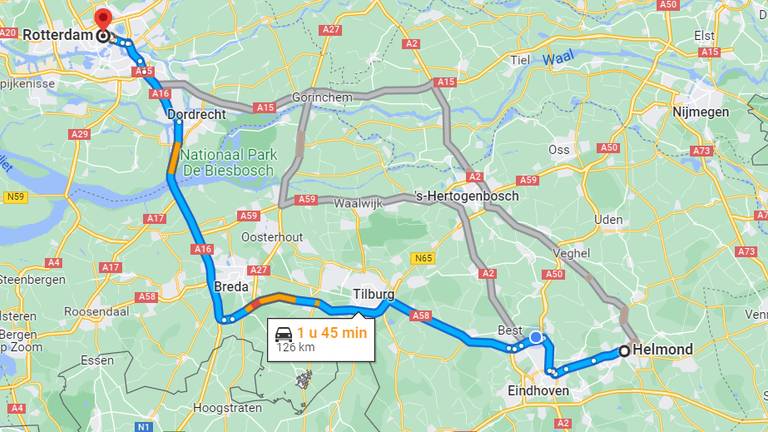 Het reisschema van wethouder Bonte van Helmond (Foto: Google).