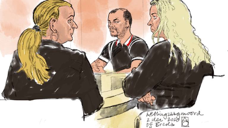 De drie hoofdverdachten op een eerdere zitting (tekening: Aloys Oosterwijk ANP)  