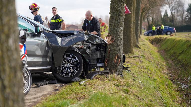 De auto botste op een boom langs de Breemortelweg in Deurne (foto: Harrie Grijseels/SQ Vision).