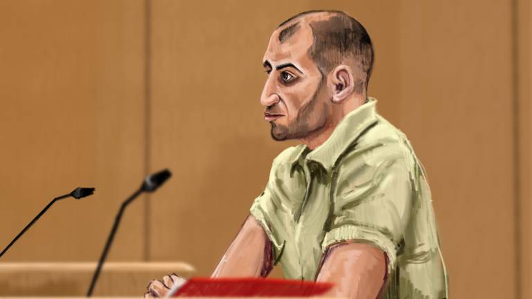 Omar E. maandag tijdens zijn proces (tekening: Nicole van den Hout/ANP). 