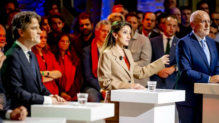 Henri Bontenbal, Dilan Yesilgöz en Frans Timmermans tijdens het Debat van het Zuiden (Foto: ANP).