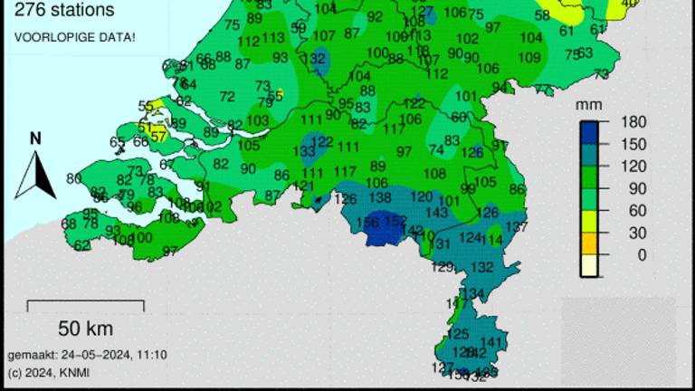 Met name De Kempen kreeg het aardig te verduren deze maand (bron: KNMI).