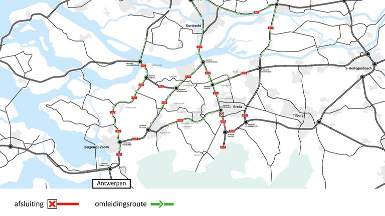 Het kaartje met de gevolgen van de afsluiting van een deel van de A16. (Rijkswaterstaat)