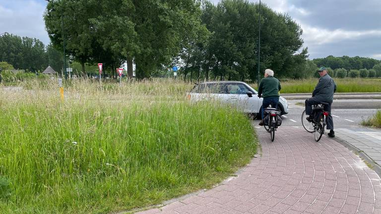 Twee fietsers die vanuit het dorp komen, willen de rotonde oversteken (Foto: Rochelle Moes).