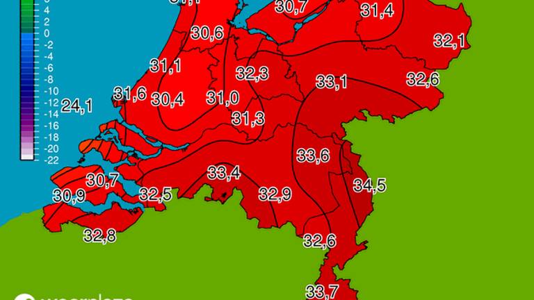 In Volkel werd maandagmiddag een temperatuur van 33,6 graden gemeten (bron: Weerplaza).