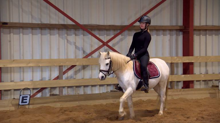 Caylee van Gestel in de manege op haar pony Star (foto: Omroep Brabant).