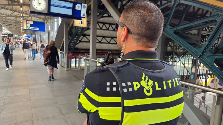 Agent bekijkt afwijkend gedrag op het station in Den Bosch (foto: Noël van Hooft).