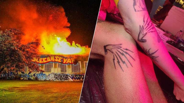 Links een brandend Stroomhuis (foto: Instagram), rechts de tattoos van Joep en zanger Niels van de band Radarmen from the Moon.