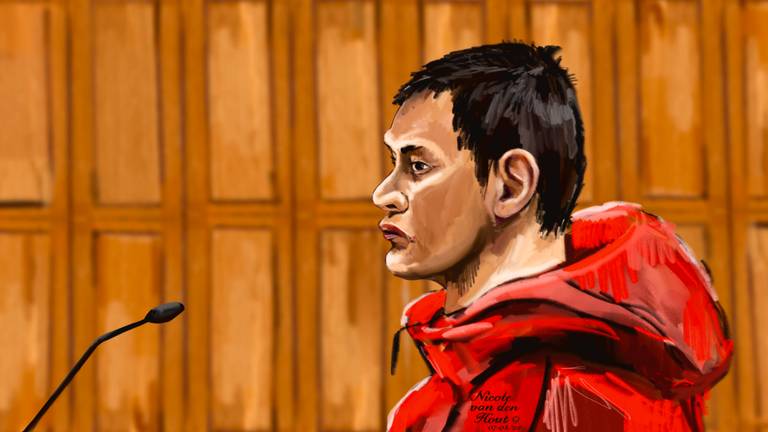Nick B. tijdens een eerdere zitting in de rechtbank in Den Bosch (tekening: Nicole van den Hout).